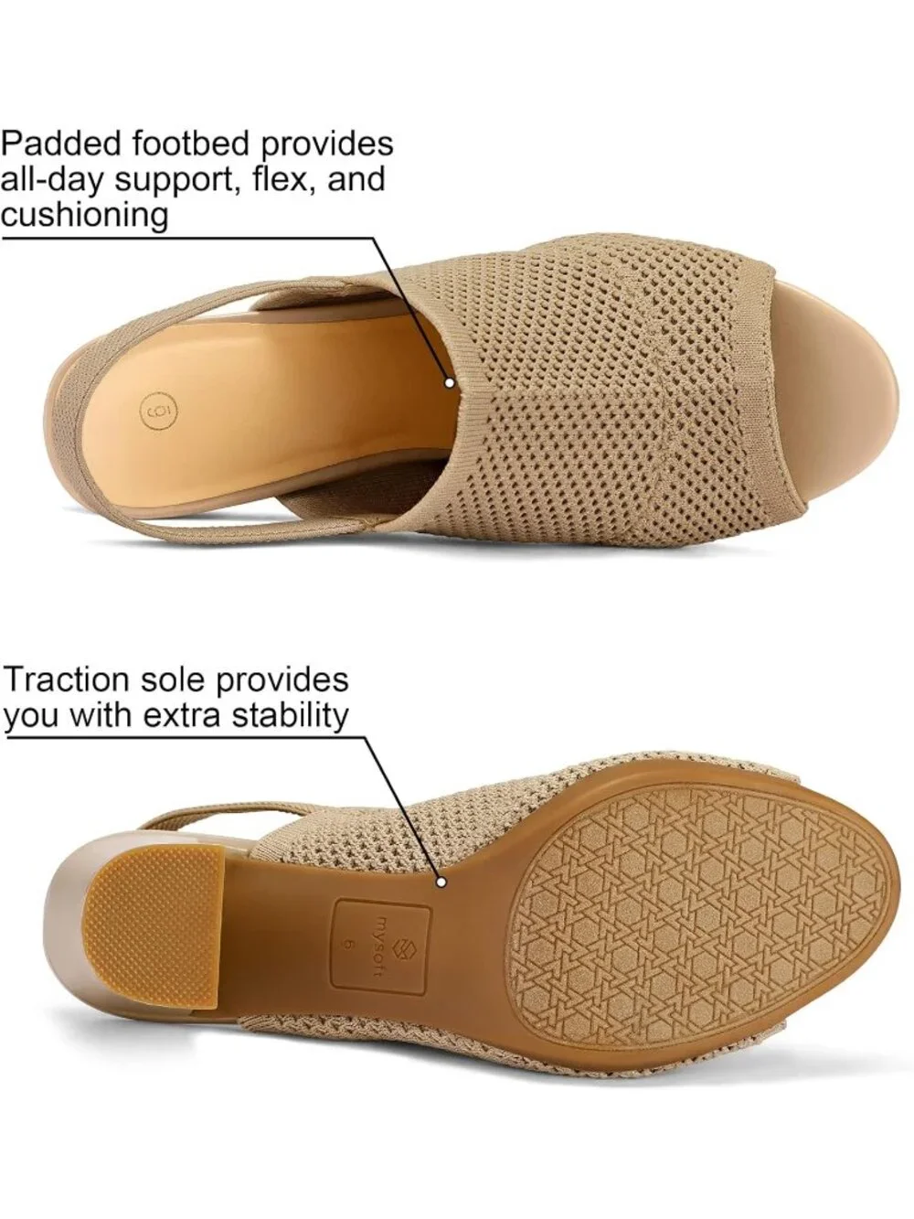 Women's Khaki 3 Inch Knit Chunky Block High Heels Elastic Slingback Open Toe - Picture 3 of 5